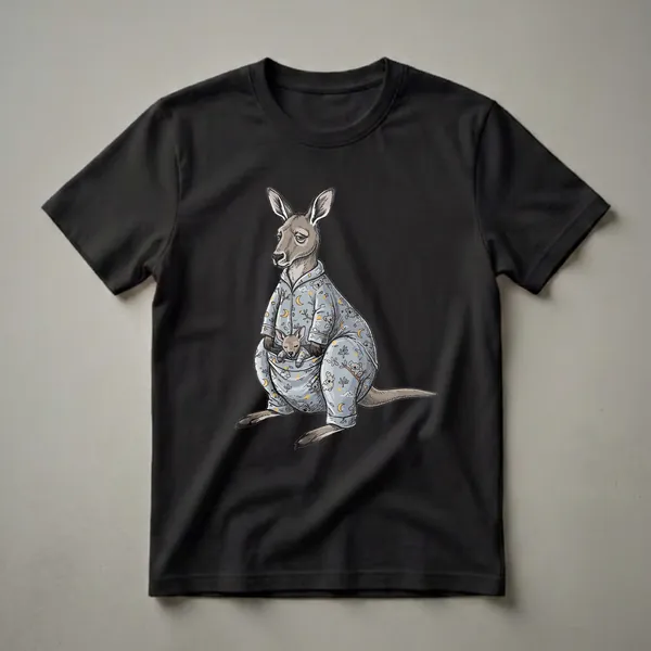 Light blue graphic t-shirt featuring a cartoon illustration of a sleepy kangaroo wearing pajamas, with a joey in its pouch, against a black background.