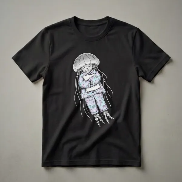 A graphic t-shirt featuring a cartoon jellyfish wearing pastel pajamas with a marine life pattern, holding a pillow, with its eyes closed.