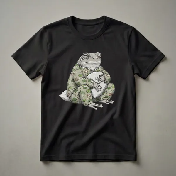 A grey frog wearing green pajamas with lily pads and lotus flowers, holding a white pillow, on a black background.