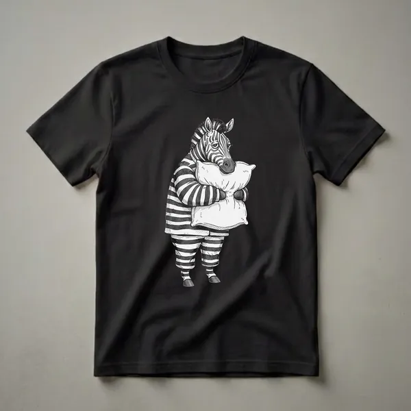 A black and white graphic t-shirt featuring a sleepy zebra wearing striped pajamas and holding a pillow, with a black background.