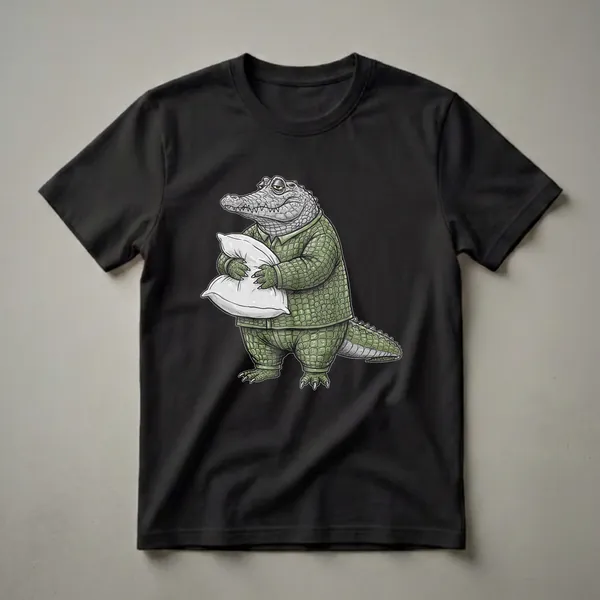 Green alligator wearing green pajamas and holding two white pillows, with a sleepy expression. The artwork is outlined in black.