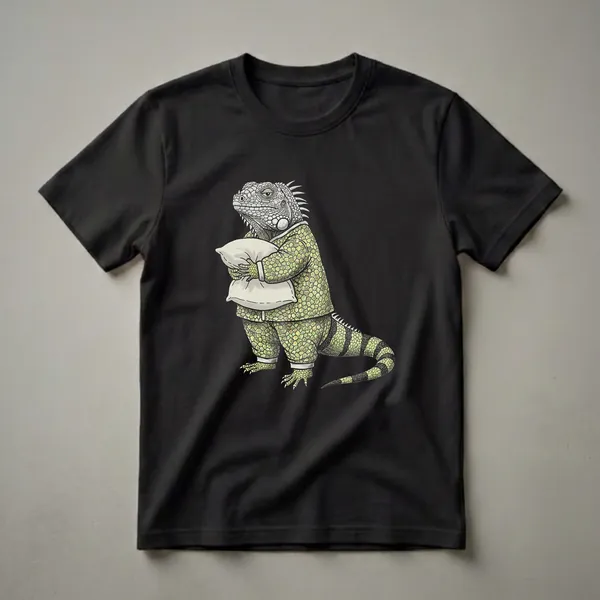 Green iguana wearing pajamas and holding a pillow, depicted in a detailed illustration against a black background.