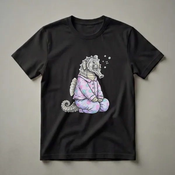 A cartoon seahorse wearing pink and blue polka-dot pajamas sits cross-legged with its eyes closed and Z's floating above its head, on a black background.