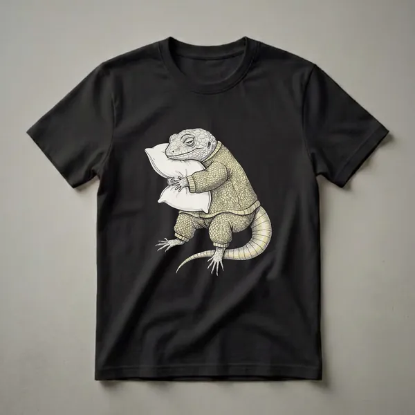 A cream-colored graphic t-shirt featuring a sketch-style illustration of a sleepy lizard wearing pajamas and hugging a pillow against a black background.
