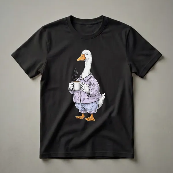 White goose wearing lavender floral pajamas and holding a steaming mug of coffee, with a sleepy expression.