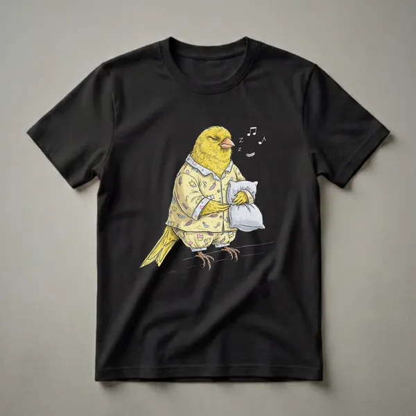 Yellow canary wearing yellow pajamas with a feather and musical note pattern, holding a pillow, with 'Z's and notes floating around its head.