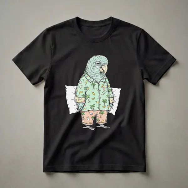 Light blue parrot wearing a mint green tropical pajama shirt and peach pajama shorts, with a black background and white pillows on either side.