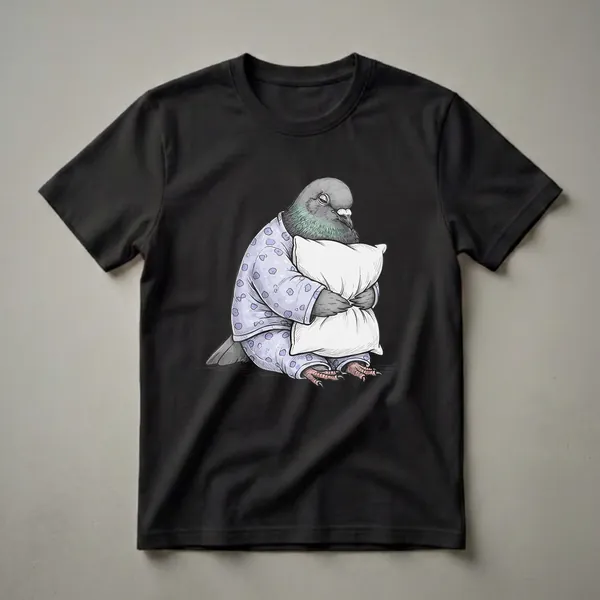 A grey pigeon wearing light blue polka-dot pajamas is depicted sitting and hugging a white pillow, with its eyes closed in a sleepy expression.