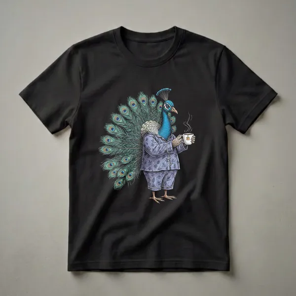 A black t-shirt featuring a detailed illustration of a peacock wearing blue floral pajamas and holding a white mug of steaming tea, with its tail feathers spread wide.