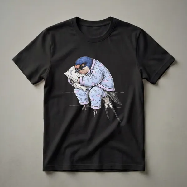 A swallow bird wearing blue pajamas with cloud and feather patterns, sleeping soundly while hugging a pillow, depicted on a black background.