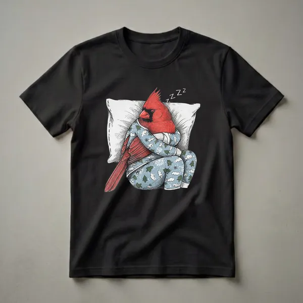 A red cardinal bird wearing blue pajamas with snowflakes and trees, sleeping on a white pillow, with ZZZ symbols indicating sleep.
