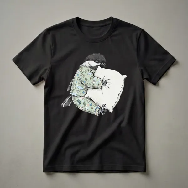 A light green t-shirt featuring a Black-capped Chickadee bird wearing pajamas and hugging a white pillow, with a pattern of leaves and clouds on the pajamas.