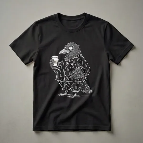 Black graphic t-shirt featuring a sketch-style illustration of a crow wearing black pajamas with white feather patterns, holding a white coffee cup.