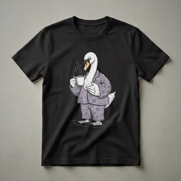 White swan wearing purple pajamas with a floral pattern, holding a white coffee mug with steam rising, on a black background.