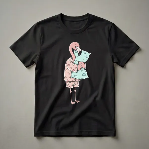 A pink cartoon flamingo wearing a pink pajama set with cloud and palm tree patterns, hugging a light blue pillow with clouds, on a black background.