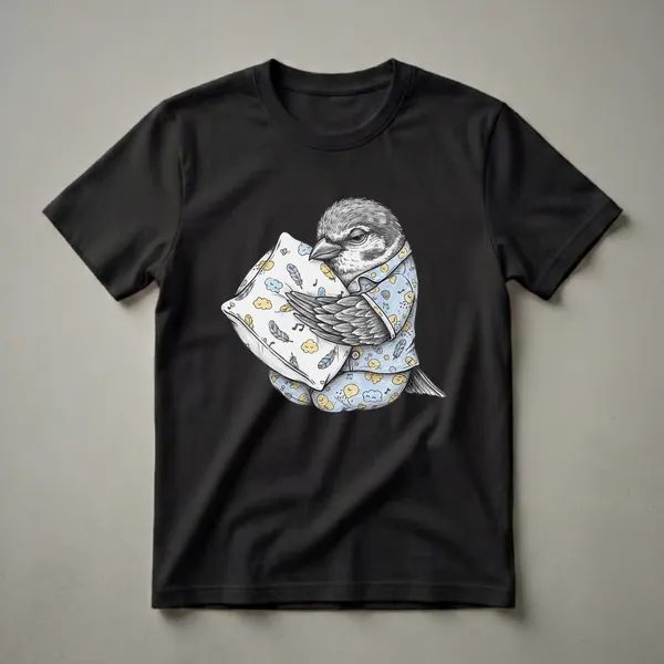 White garment with a printed illustration of a sleepy sparrow wearing blue pajamas and holding a pillow, surrounded by clouds, feathers, and musical notes.