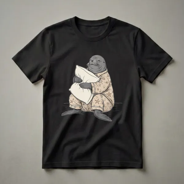 A light tan t-shirt featuring a cartoon sea lion wearing pajamas with a seashell pattern, hugging a white pillow, with its eyes closed in a sleepy expression.