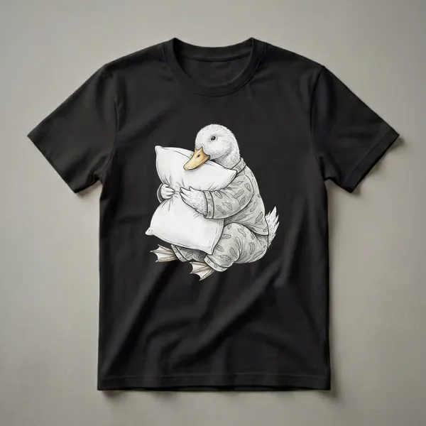 White duck wearing light grey pajamas with feather pattern, hugging a white pillow, rendered in a sketch art style.