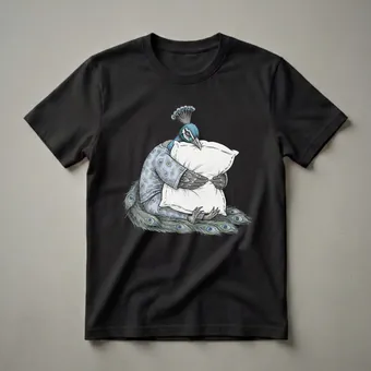 Funny Sleepy Peacock Hugging Pillow Graphic T-Shirt for Pajama Lovers