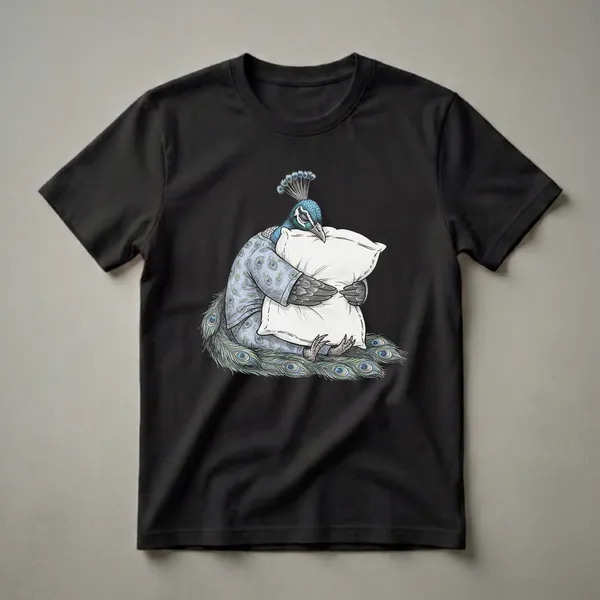 A light blue t-shirt featuring a detailed illustration of a sleeping peacock wearing blue pajamas and hugging a white pillow, with its tail feathers fanned out.