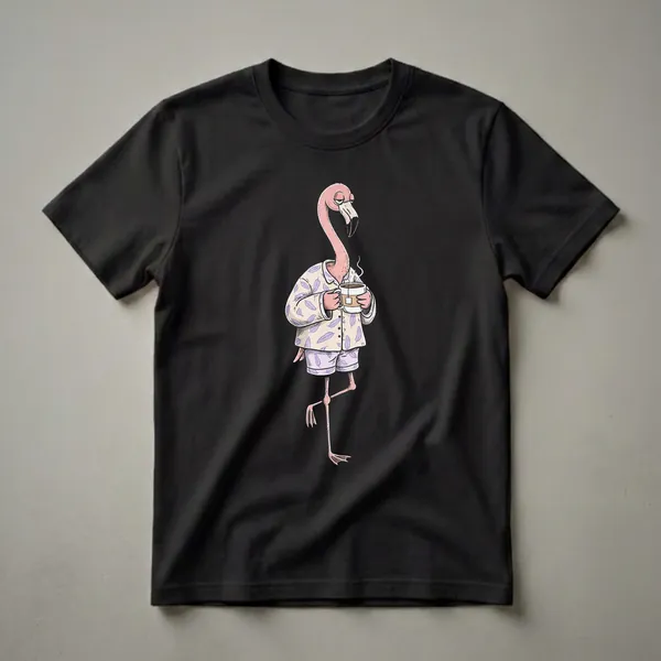 A pink flamingo wearing light-colored pajamas with purple feather patterns, holding a white mug of steaming tea, depicted in a cartoon style.