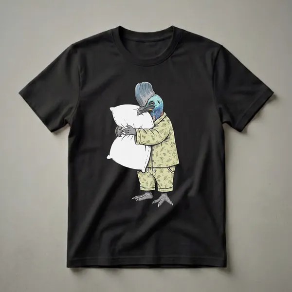 A light green pajama set with a leaf pattern is worn by a cartoon cassowary bird, which is holding a white pillow and looking sleepy. The bird has a blue neck and a grey casque.
