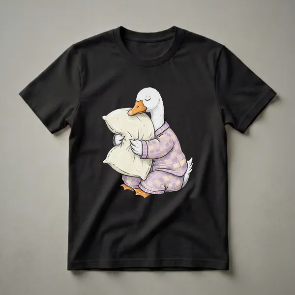 White cartoon goose wearing purple and yellow plaid pajamas, hugging a light-colored pillow with its eyes closed.