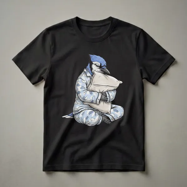 A blue jay wearing blue cloud-patterned pajamas sits hugging a pillow, showcasing the humorous 'sleepy' theme on a black background.