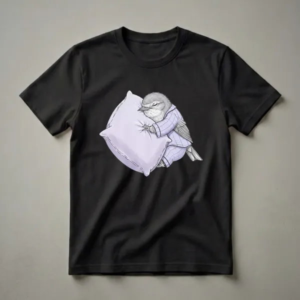 A black t-shirt featuring a hand-drawn illustration of a grey warbler bird wearing purple and pink plaid pajamas, sleeping soundly on a light purple pillow.