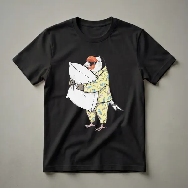 Yellow pajama t-shirt featuring a hand-drawn goldfinch bird with a red, black, and white head, holding a white pillow, with a feather pattern on the pajamas.