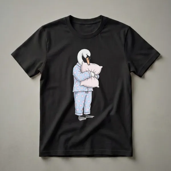 Light blue pajama t-shirt featuring a cartoon swan wearing pajamas and hugging a pink pillow, with pink cloud patterns on the pajamas.