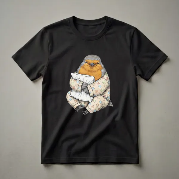 A graphic t-shirt featuring a European Robin bird wearing light-colored polka dot pajamas and holding a white pillow, with a sleepy expression.