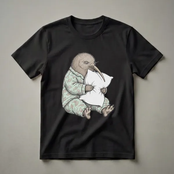 A light-colored t-shirt featuring a cartoon kiwi bird wearing mint green pajamas with a leaf pattern, holding a white pillow and appearing sleepy.