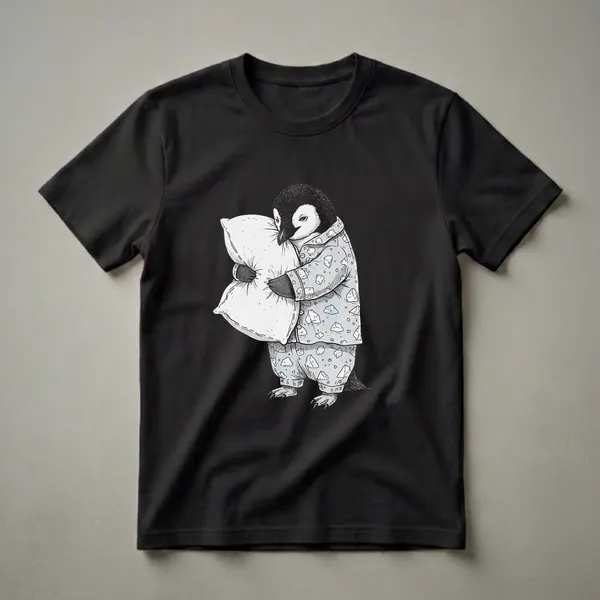 A black and white sketch of a penguin wearing light blue pajamas with ice cube patterns and holding a white pillow, on a black background.
