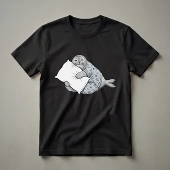 Funny Sleepy Seal Hugging Pillow Graphic T-Shirt for Pajama Lovers