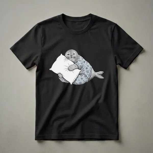 Light blue graphic t-shirt featuring a sketch-style illustration of a sleepy seal wearing pajamas and hugging a white pillow, with a pattern of seashells and starfish on the pajamas.