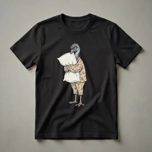 A cartoon emu bird wearing a floral pajama set and holding a white pillow, with a very sleepy expression. The shirt is light beige with a colorful floral and leaf pattern.