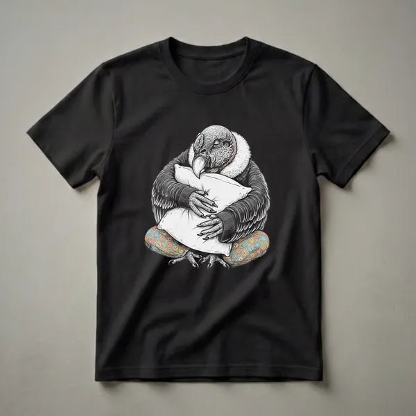 Black and white graphic t-shirt featuring a sleepy condor bird wearing colorful emoji pajama bottoms and hugging two white pillows, set against a black background.