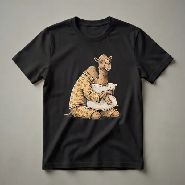 A cartoon camel wearing yellow floral pajamas and hugging two white pillows, depicted in a sketch art style on a black background.