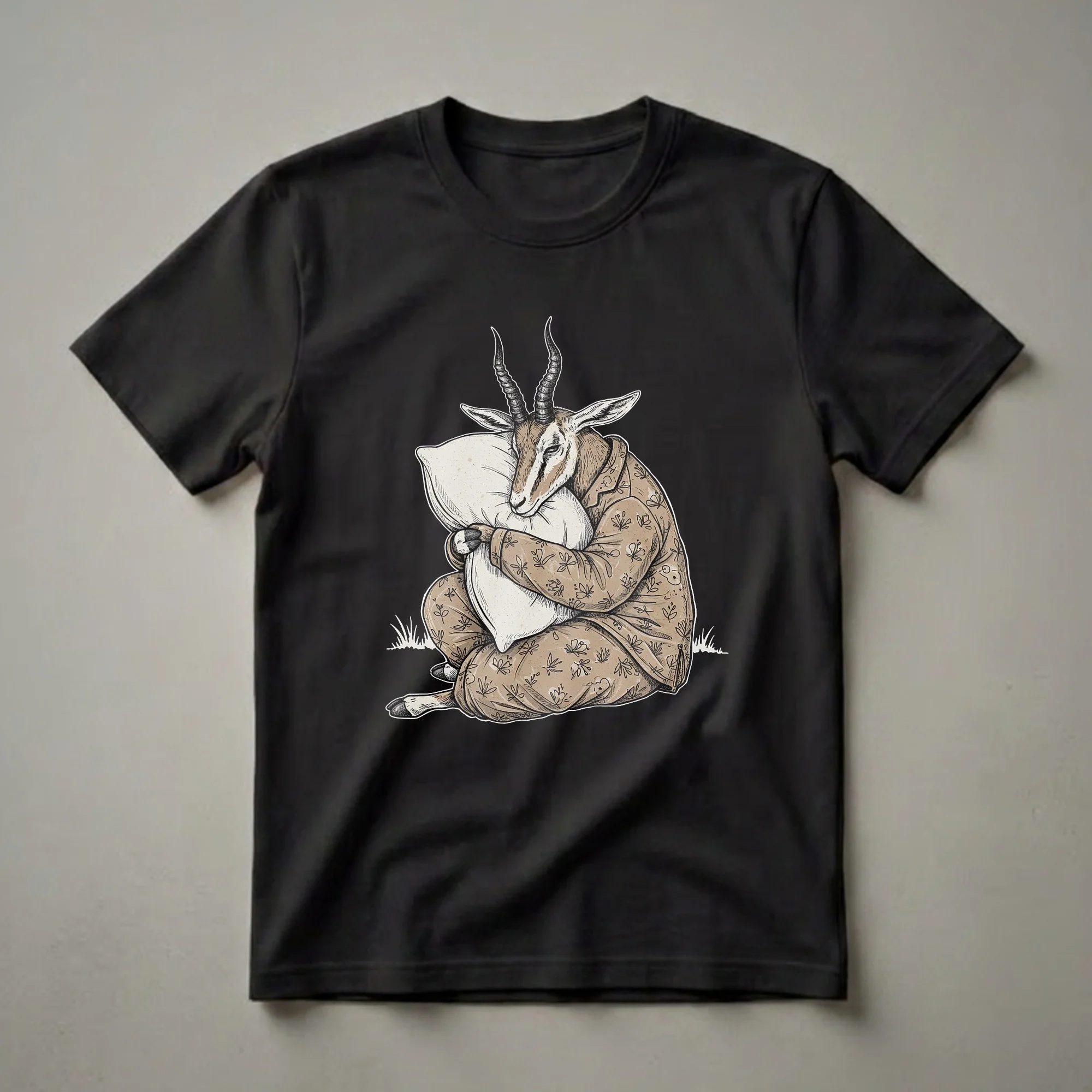 A sketch-style graphic t-shirt featuring a brown gazelle wearing tan pajamas with a floral pattern, sleeping while hugging a white pillow, with a few blades of grass at the bottom.