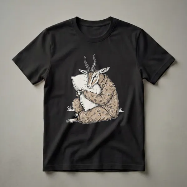 A sketch-style graphic t-shirt featuring a brown gazelle wearing tan pajamas with a floral pattern, sleeping while hugging a white pillow, with a few blades of grass at the bottom.