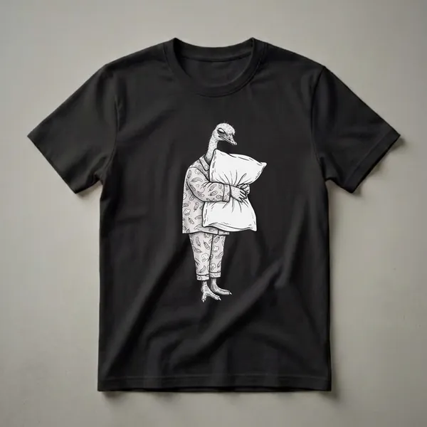 A black and white graphic t-shirt featuring a sleepy ostrich wearing patterned pajamas and holding a pillow, with feathers and clouds on the pajama fabric.
