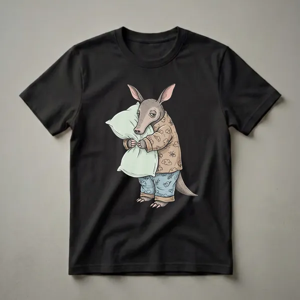 A brown cartoon aardvark wearing pajamas with clouds and ants, holding a light green pillow, with a sleepy expression, on a black background.