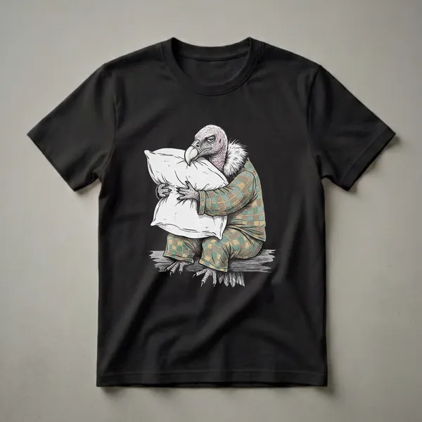 A black t-shirt featuring a cartoon vulture wearing plaid pajamas and hugging a pillow, with a dark background and a sketchy, illustrative art style.