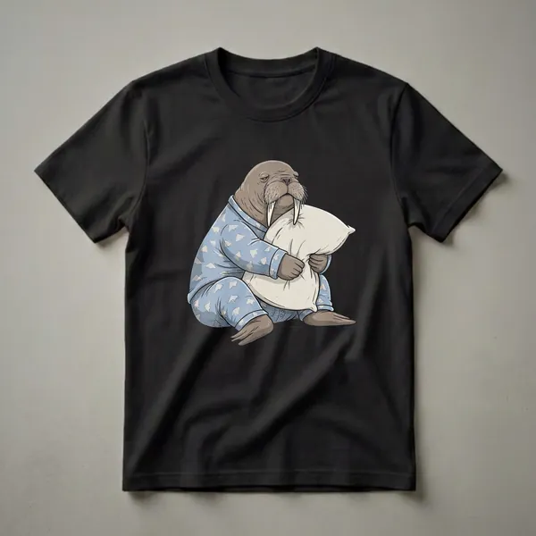 A light blue t-shirt featuring a cartoon illustration of a sleepy walrus wearing blue cloud-patterned pajamas and hugging a cream-colored pillow, with a tired expression.