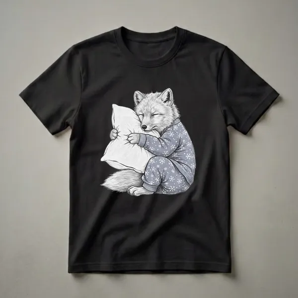 A sketch of a white arctic fox wearing blue pajamas with white snowflakes, sleeping and hugging a light-colored pillow against a black background.