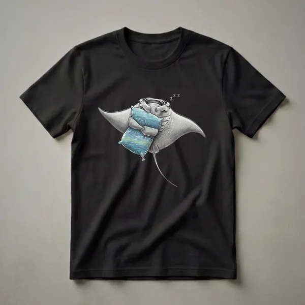 A grey manta ray with a blue and green striped pillow is depicted in a pencil sketch style, with 'zzz' symbols indicating sleep, on a black background.