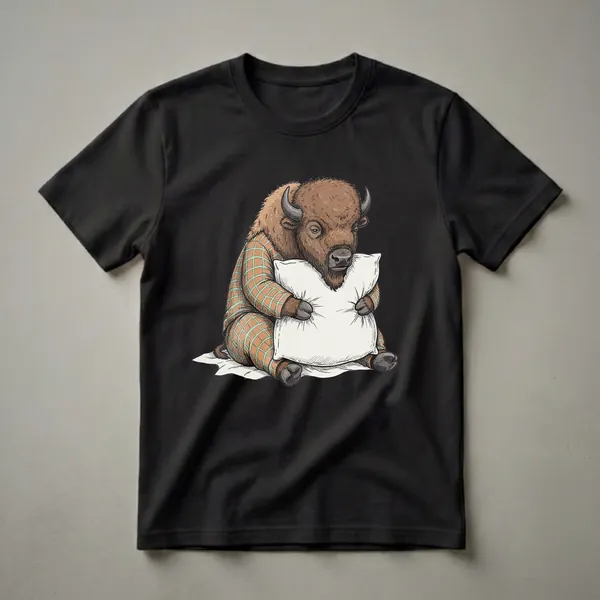 A brown bison wearing plaid pajamas sits on a white sheet, hugging a white pillow, with a sleepy expression. The artwork is in a cartoon style with detailed linework.
