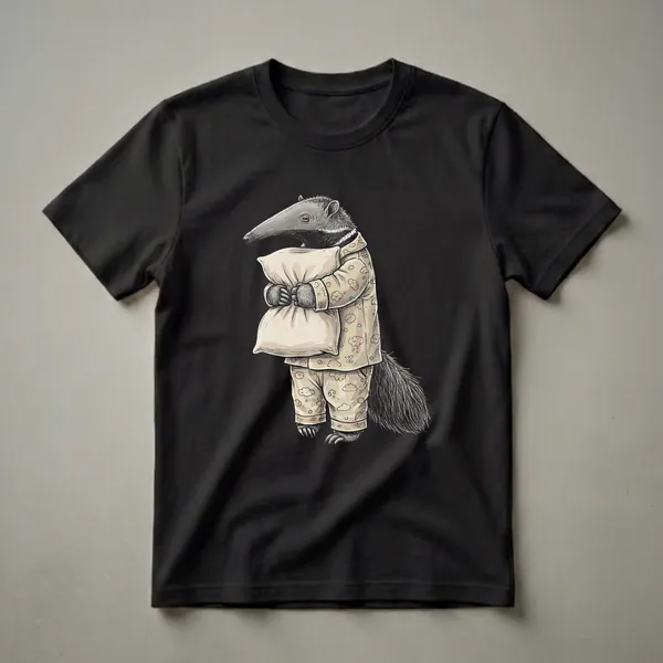 A cream-colored t-shirt featuring a black and white illustration of a sleepy anteater wearing pajamas with clouds and raindrops, holding a pillow.