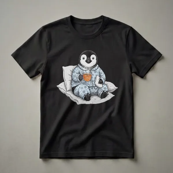 Black and white graphic of a baby penguin wearing blue snowflake pajamas, sitting on gray pillows, and holding a glass of iced tea.